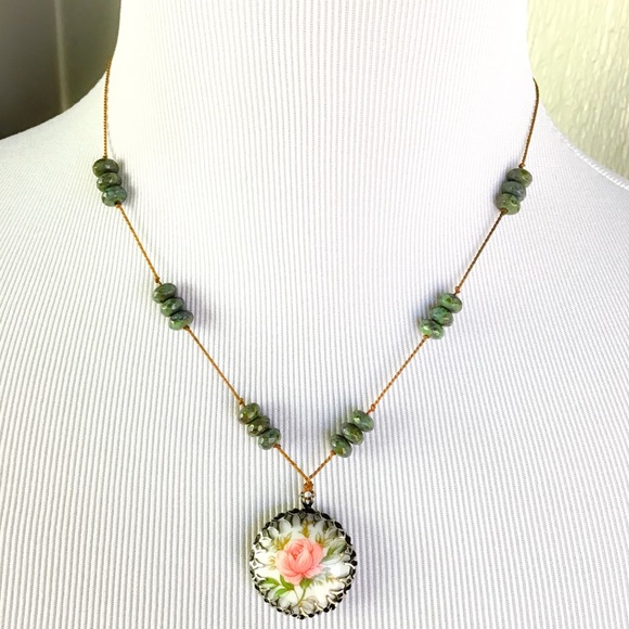 Rachel Jewelry - Rachel Rose Pendant and Green Bead Necklace